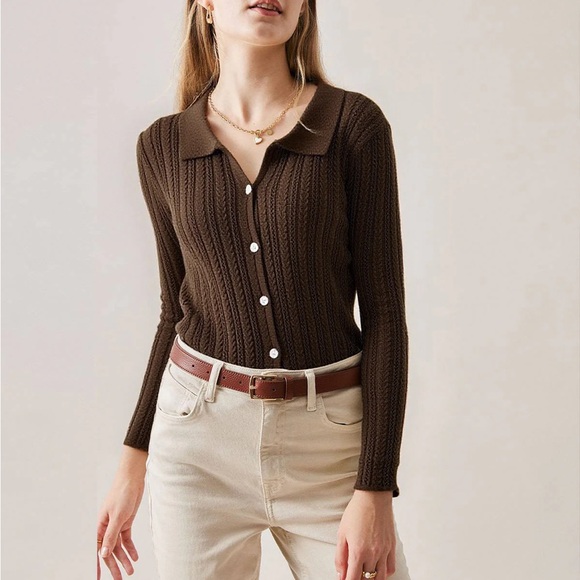 RIHOAS Sweaters - Rihoas Coffee Ribbed Knit Slim Cardigan
